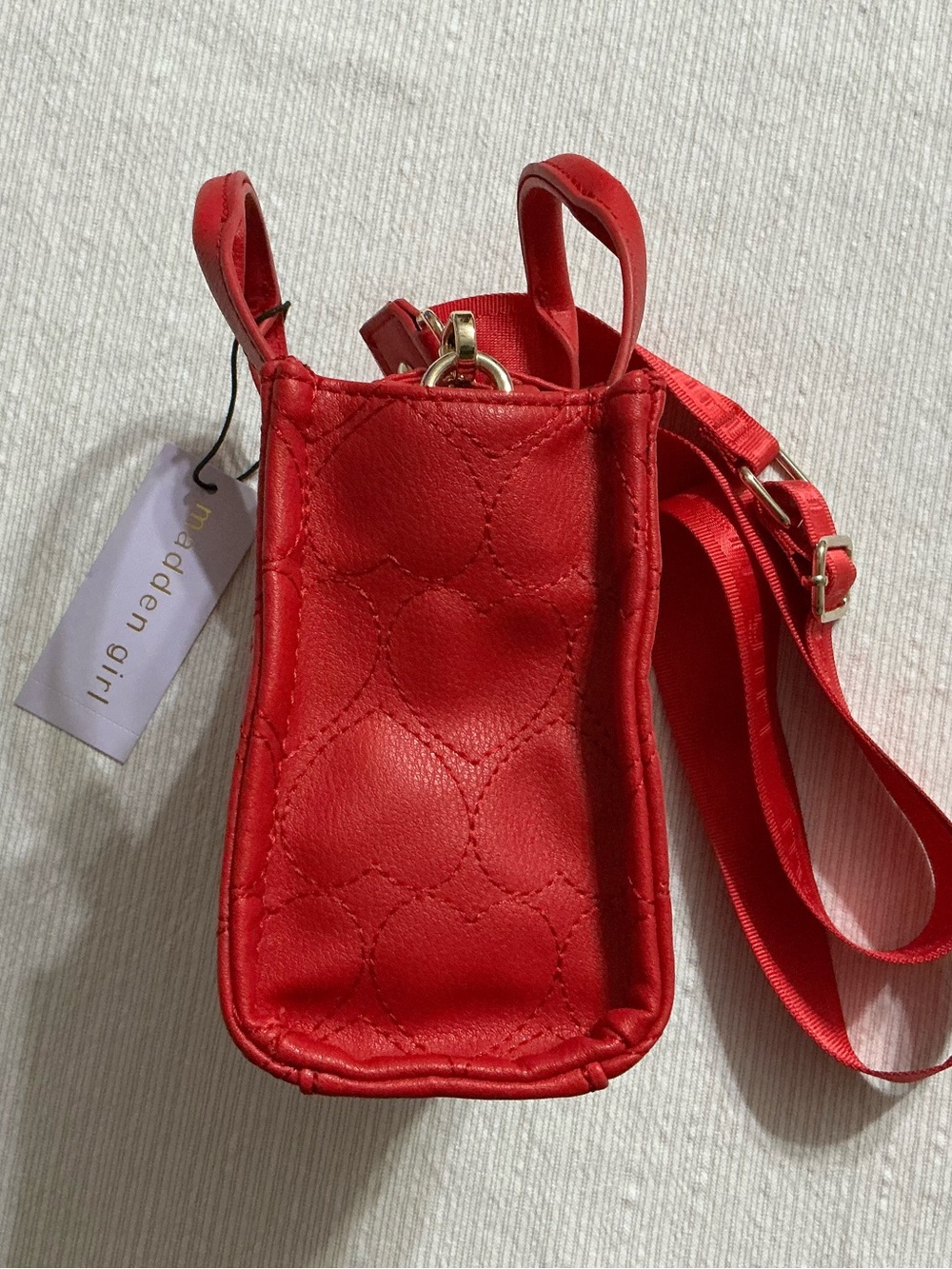 Madden Girl Lacy Quilted Heart Red Mini Tote with Adjustable Strap - Picture 4 of 11